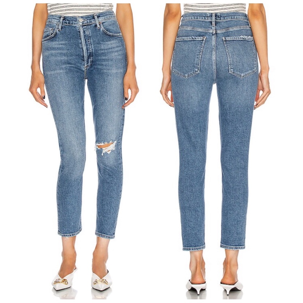 •AGOLDE• Nico‎ High Rise Button Fly Slim Jean Shoreline Wash Distressed Size 32